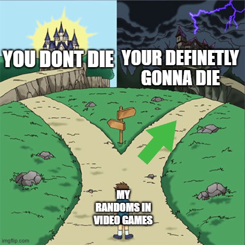 Two Paths | YOUR DEFINETLY GONNA DIE; YOU DONT DIE; MY RANDOMS IN VIDEO GAMES | image tagged in two paths | made w/ Imgflip meme maker