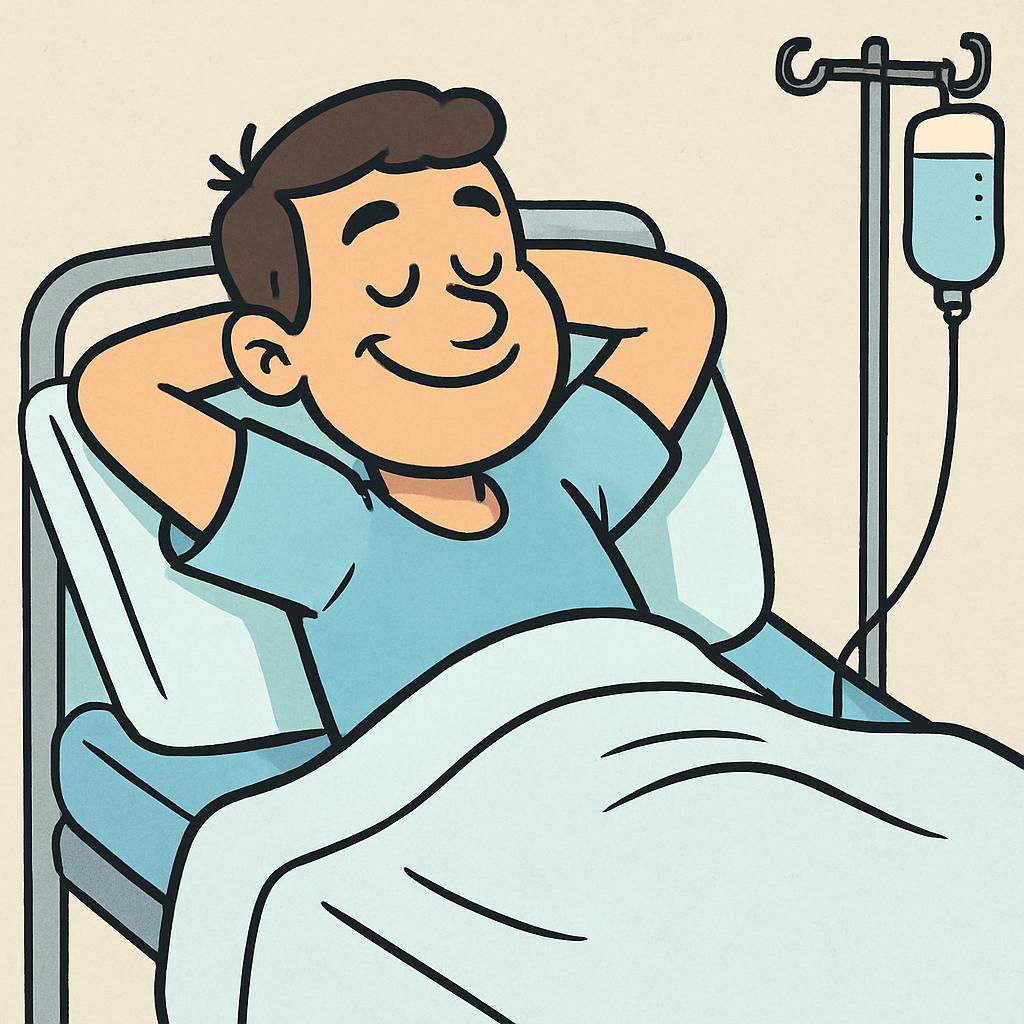 a patient is laying in a hospitalbed chilling with both hands be Blank Meme Template