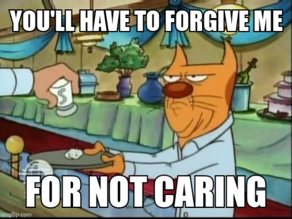 YOU'LL HAVE TO FORGIVE ME FOR NOT CARING | image tagged in catdog,cats,cat,reaction,memes,meme | made w/ Imgflip meme maker
