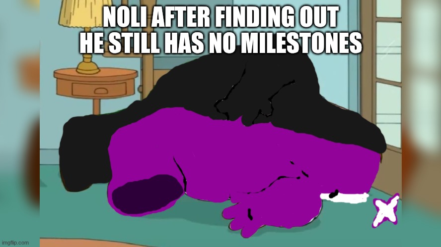 Behold the most unoriginal gag ever | NOLI AFTER FINDING OUT HE STILL HAS NO MILESTONES | image tagged in peter griffin death pose,forsaken,roblox | made w/ Imgflip meme maker