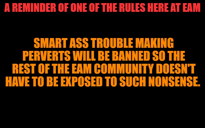 black screen | A REMINDER OF ONE OF THE RULES HERE AT EAM; SMART ASS TROUBLE MAKING PERVERTS WILL BE BANNED SO THE REST OF THE EAM COMMUNITY DOESN'T HAVE TO BE EXPOSED TO SUCH NONSENSE. | image tagged in black screen | made w/ Imgflip meme maker