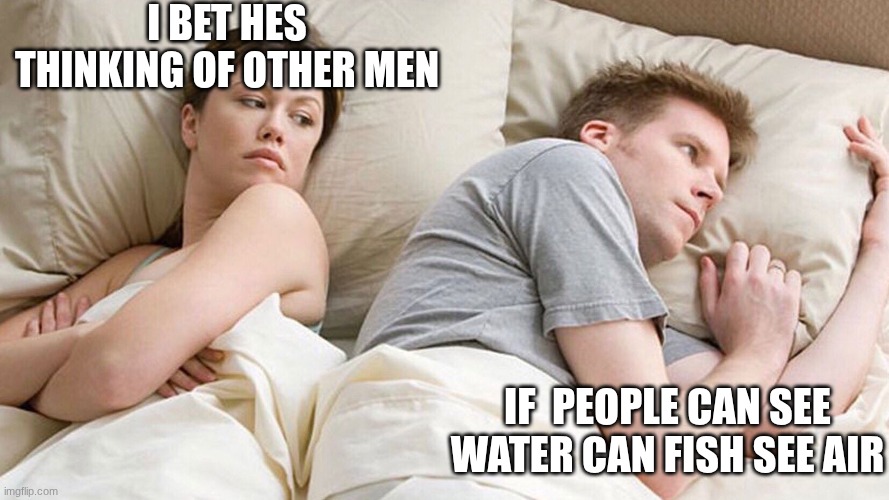 Guy Thinking In Bed | I BET HES THINKING OF OTHER MEN; IF  PEOPLE CAN SEE WATER CAN FISH SEE AIR | image tagged in guy thinking in bed | made w/ Imgflip meme maker