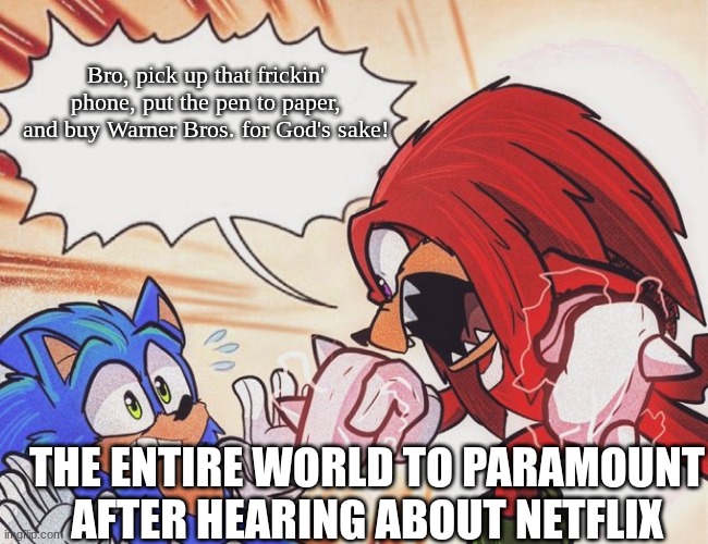 Paramount, PLEASE!!! | Bro, pick up that frickin' phone, put the pen to paper, and buy Warner Bros. for God's sake! THE ENTIRE WORLD TO PARAMOUNT AFTER HEARING ABOUT NETFLIX | image tagged in knuckles yelling at sonic | made w/ Imgflip meme maker