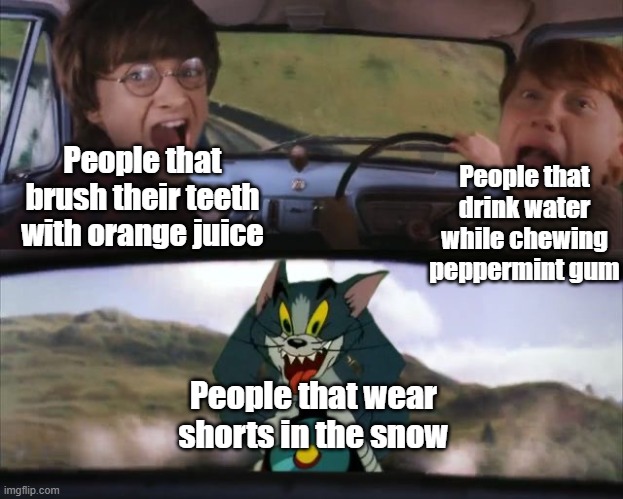 How do you not get cold when wearing shorts during winter? | People that brush their teeth with orange juice; People that drink water while chewing peppermint gum; People that wear shorts in the snow | image tagged in tom chasing harry and ron weasly,memes,funny memes,snow,winter,orange juice | made w/ Imgflip meme maker