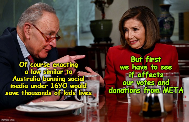 Social Media Worst thing ever dumped on the youth of this world | But first we have to see if affects our votes and donations from META; Of course enacting a law similar to Australia banning social media under 16YO would save thousands of kids lives | image tagged in social media australia schumer pelosi meme | made w/ Imgflip meme maker