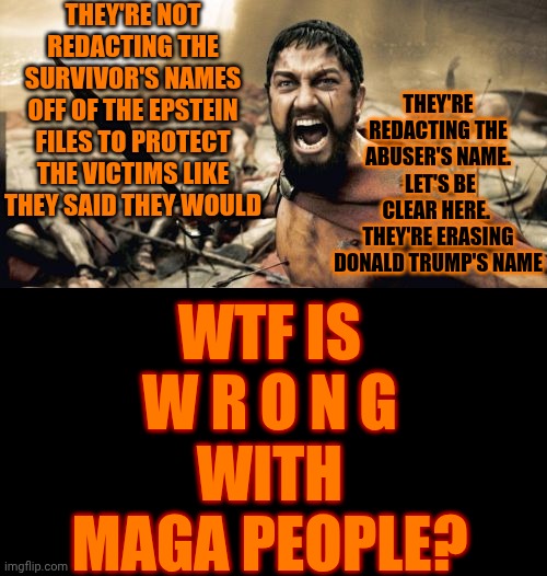 Nobody's Perfect But Maga Seems To Be Proud Of Being As FAR Away From Perfect As They Can Possibly Get | THEY'RE NOT REDACTING THE SURVIVOR'S NAMES OFF OF THE EPSTEIN FILES TO PROTECT THE VICTIMS LIKE THEY SAID THEY WOULD; THEY'RE REDACTING THE ABUSER'S NAME.  LET'S BE CLEAR HERE.  THEY'RE ERASING DONALD TRUMP'S NAME; WTF IS
W R O N G
WITH MAGA PEOPLE? | image tagged in memes,sparta leonidas,maga,mental illness,nazis,lock him up | made w/ Imgflip meme maker