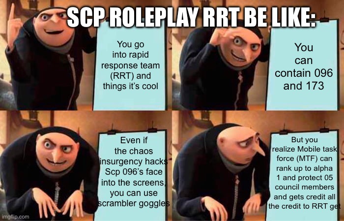 Gru's Plan Meme | SCP ROLEPLAY RRT BE LIKE:; You go into rapid response team (RRT) and things it’s cool; You can contain 096 and 173; Even if the chaos insurgency hacks Scp 096’s face into the screens, you can use scrambler goggles; But you realize Mobile task force (MTF) can rank up to alpha 1 and protect 05 council members and gets credit all the credit to RRT get | image tagged in memes,gru's plan | made w/ Imgflip meme maker