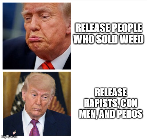 Trump Reconsiders | RELEASE PEOPLE WHO SOLD WEED RELEASE RAPISTS, CON MEN, AND PEDOS | image tagged in trump reconsiders | made w/ Imgflip meme maker