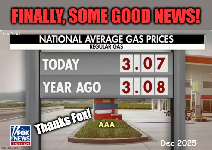Good news about prices from Fox News! | FINALLY, SOME GOOD NEWS! Thanks Fox! Dec 2025 | image tagged in fox news,affordability,inflation,trump,maga,gas prices | made w/ Imgflip meme maker