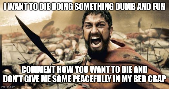 Sparta Leonidas | I WANT TO DIE DOING SOMETHING DUMB AND FUN; COMMENT HOW YOU WANT TO DIE AND DON'T GIVE ME SOME PEACEFULLY IN MY BED CRAP | image tagged in memes,sparta leonidas | made w/ Imgflip meme maker