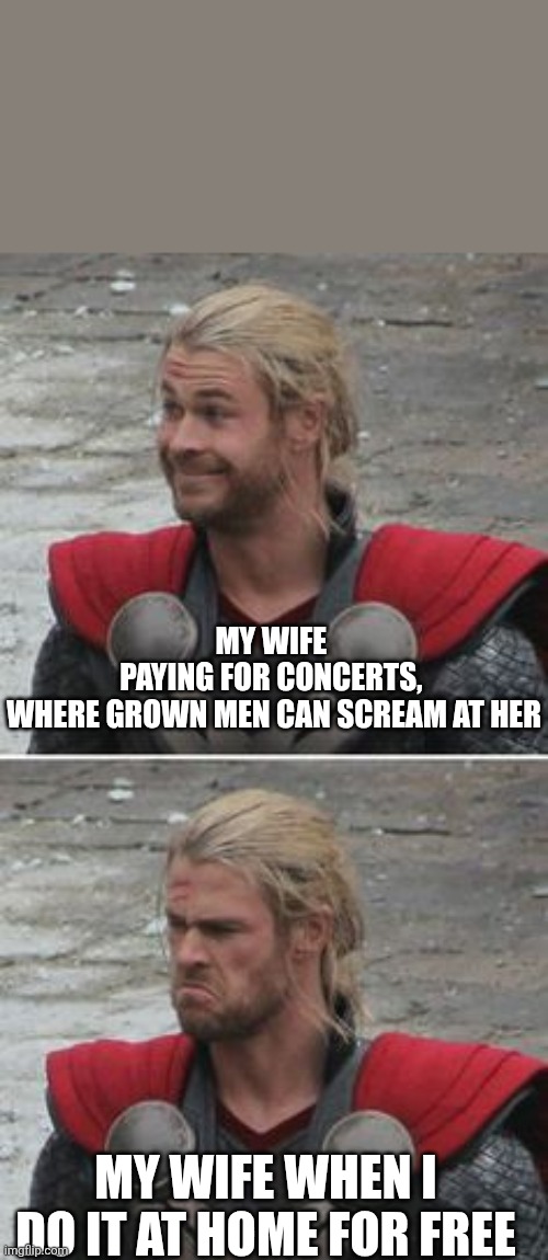 Concert goers | MY WIFE 
PAYING FOR CONCERTS, 
WHERE GROWN MEN CAN SCREAM AT HER; MY WIFE WHEN I DO IT AT HOME FOR FREE | image tagged in disappointed | made w/ Imgflip meme maker