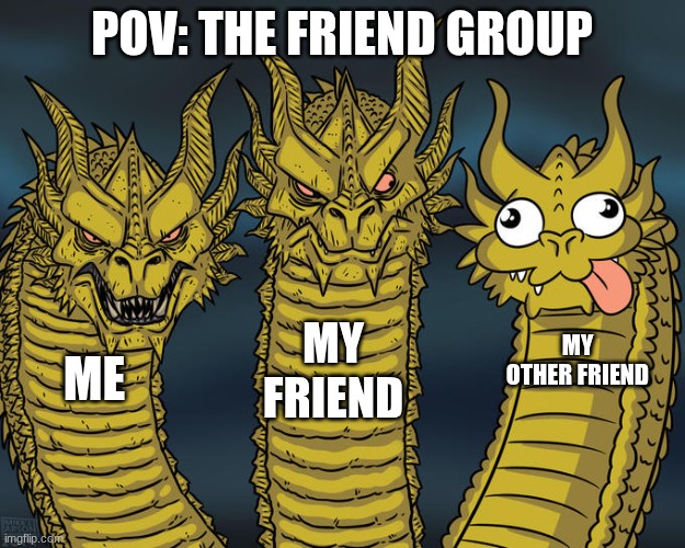 Three-headed Dragon | POV: THE FRIEND GROUP; MY FRIEND; MY OTHER FRIEND; ME | image tagged in three-headed dragon | made w/ Imgflip meme maker