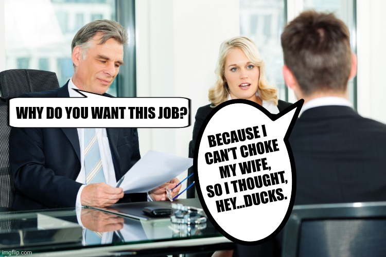 Foie Gras : hands on opportunity | WHY DO YOU WANT THIS JOB? BECAUSE I 
CAN’T CHOKE MY WIFE,
SO I THOUGHT, 
HEY...DUCKS. | image tagged in job interview | made w/ Imgflip meme maker