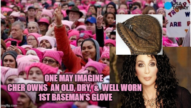 pink hats | ONE MAY IMAGINE 
CHER OWNS  AN OLD, DRY,  &  WELL WORN
 1ST BASEMAN'S GLOVE | image tagged in pink hats | made w/ Imgflip meme maker