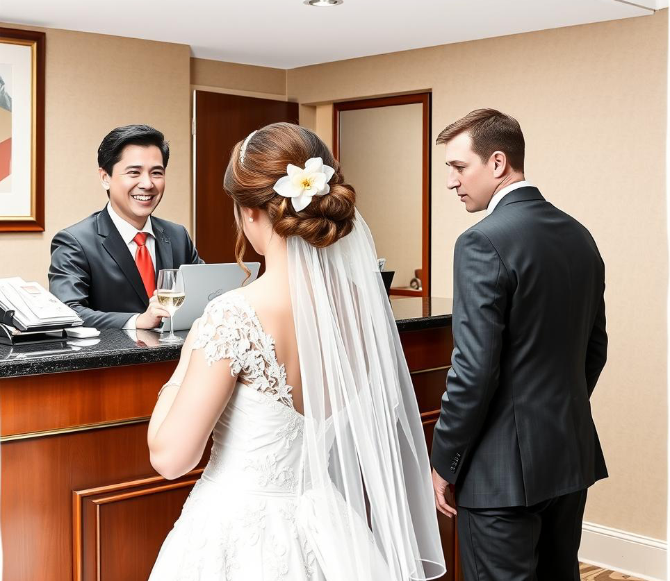 High Quality Bride and groom checking into a hotel Blank Meme Template