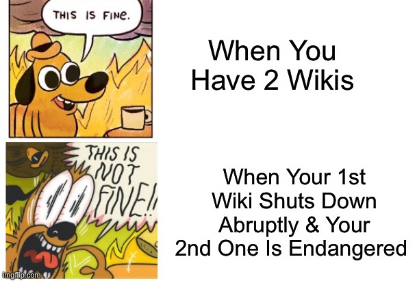 BabyTV Fan Club Is Endangered By A User Called NotItTwists Pls Help | When You Have 2 Wikis; When Your 1st Wiki Shuts Down Abruptly & Your 2nd One Is Endangered | image tagged in this is fine this is not fine | made w/ Imgflip meme maker