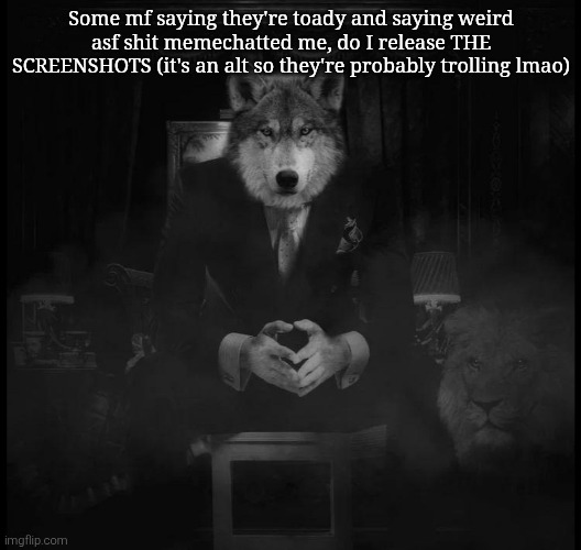 Wolf on a chair | Some mf saying they're toady and saying weird asf shit memechatted me, do I release THE SCREENSHOTS (it's an alt so they're probably trolling lmao) | image tagged in wolf on a chair | made w/ Imgflip meme maker