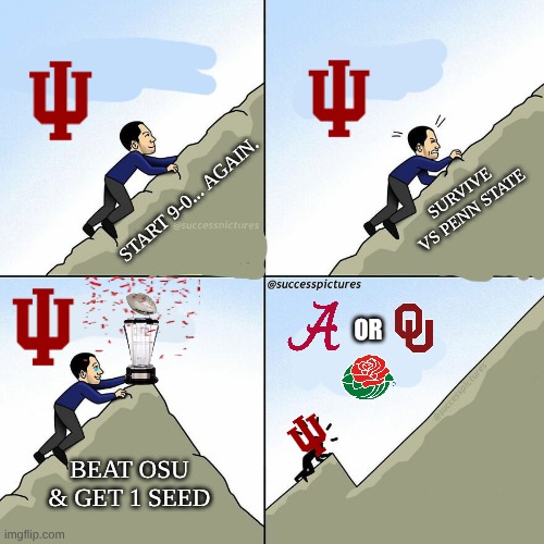 2026 Rose Bowl meme | START 9-0... AGAIN. SURVIVE VS PENN STATE; OR; BEAT OSU & GET 1 SEED | image tagged in college football,rose bowl,nfl memes,football,indiana,sports | made w/ Imgflip meme maker
