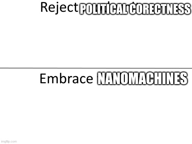 Reject modernity, Embrace tradition | POLITICAL CORECTNESS; NANOMACHINES | image tagged in reject modernity embrace tradition | made w/ Imgflip meme maker