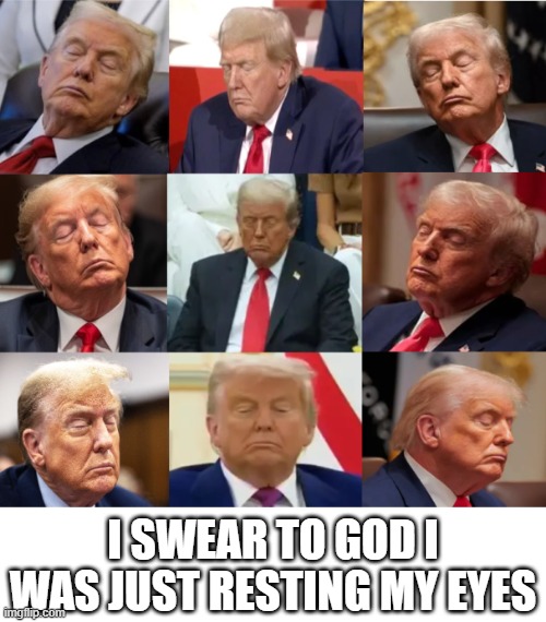 Nighty Night DJT | I SWEAR TO GOD I WAS JUST RESTING MY EYES | image tagged in nighty night djt | made w/ Imgflip meme maker