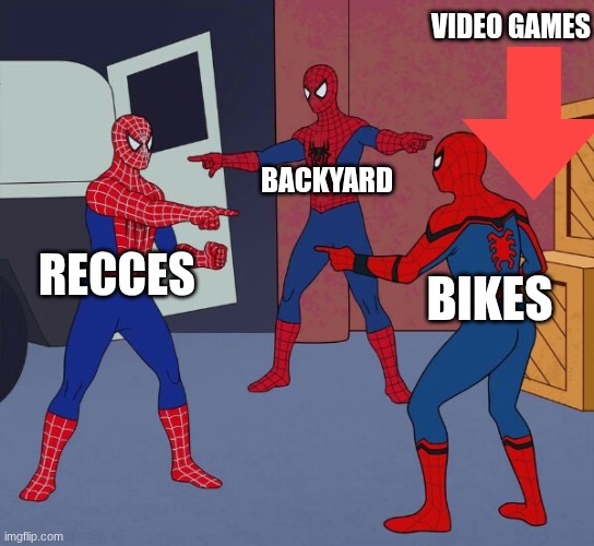 fun scammer | VIDEO GAMES; BACKYARD; RECCES; BIKES | image tagged in spider man triple | made w/ Imgflip meme maker