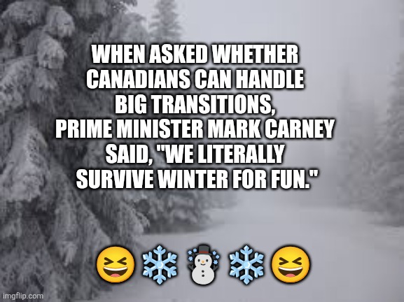 Canadians | WHEN ASKED WHETHER CANADIANS CAN HANDLE BIG TRANSITIONS, PRIME MINISTER MARK CARNEY SAID, "WE LITERALLY
 SURVIVE WINTER FOR FUN."; 😆❄️☃️❄️😆 | image tagged in bleak winter,canadians,survival,winter | made w/ Imgflip meme maker