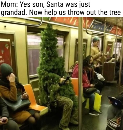 Mom: Yes son, Santa was just grandad. Now help us throw out the tree | image tagged in christmas,funny | made w/ Imgflip meme maker