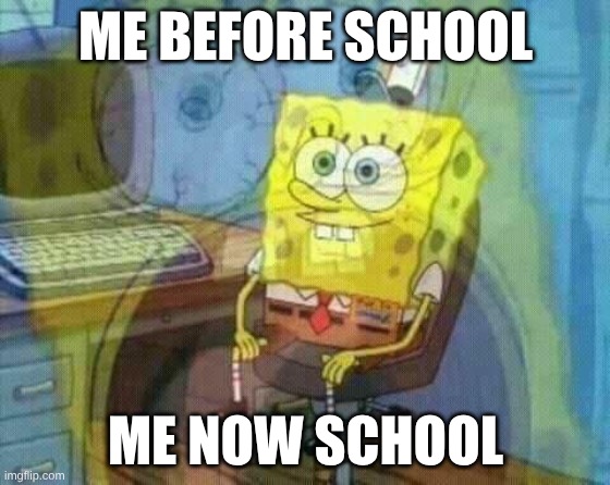 spongebob panic inside | ME BEFORE SCHOOL; ME NOW SCHOOL | image tagged in spongebob panic inside | made w/ Imgflip meme maker