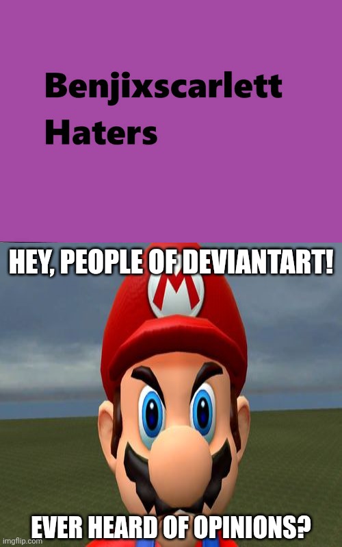 Do people from DeviantArt ever heard of opinions? (MY LAST FILL-IN MEME I RUINED) | HEY, PEOPLE OF DEVIANTART! EVER HEARD OF OPINIONS? | image tagged in ruin this fill in meme 405,super mario,deviantart,cringe,super mario bros,why are you reading the tags | made w/ Imgflip meme maker