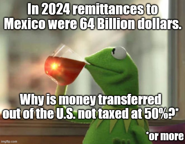 Frogs everywhere would like to know | In 2024 remittances to Mexico were 64 Billion dollars. Why is money transferred out of the U.S. not taxed at 50%?*; *or more | image tagged in memes,but that's none of my business neutral | made w/ Imgflip meme maker