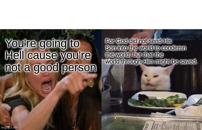 Woman Yelling At Cat | You're going to Hell cause you're not a good person; For God did not send His Son into the world to condemn the world, but that the world through Him might be saved. | image tagged in memes,woman yelling at cat | made w/ Imgflip meme maker