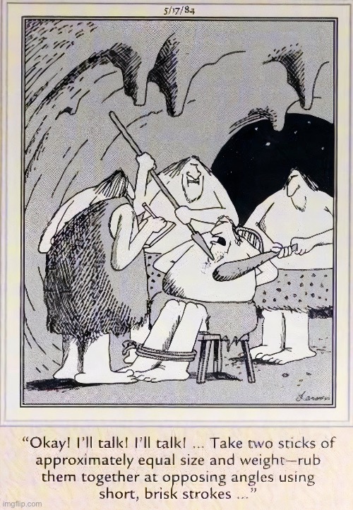 The downside of being the only guy in the tribe who knows how to make fire… | image tagged in the far side,comics,cavemen,tied up,instrucions,fire | made w/ Imgflip meme maker