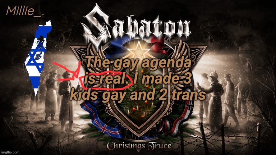 Millie's December announcement template | The gay agenda is real. I made 3 kids gay and 2 trans | image tagged in millie's december announcement template | made w/ Imgflip meme maker