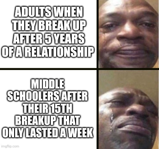 11 year old couples :skull: | ADULTS WHEN THEY BREAK UP AFTER 5 YEARS OF A RELATIONSHIP; MIDDLE SCHOOLERS AFTER THEIR 15TH BREAKUP THAT ONLY LASTED A WEEK | image tagged in black guy crying,relationships,middle school,high school,romance,dating | made w/ Imgflip meme maker