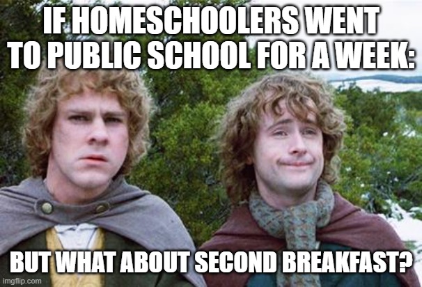 Second Breakfast | IF HOMESCHOOLERS WENT TO PUBLIC SCHOOL FOR A WEEK:; BUT WHAT ABOUT SECOND BREAKFAST? | image tagged in second breakfast | made w/ Imgflip meme maker