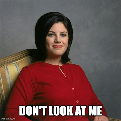 Monica Lewinsky  | DON'T LOOK AT ME | image tagged in monica lewinsky | made w/ Imgflip meme maker