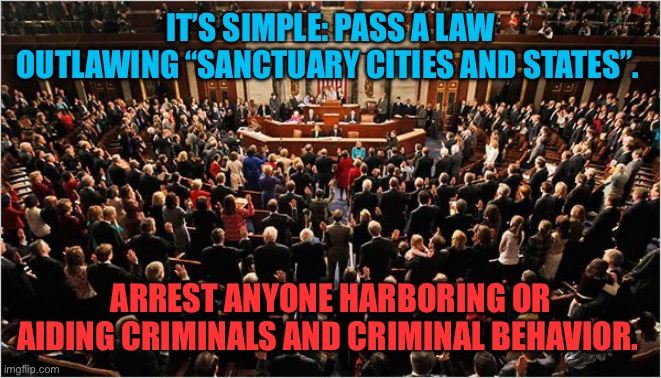 Aiding criminals should have consequences | IT’S SIMPLE: PASS A LAW OUTLAWING “SANCTUARY CITIES AND STATES”. ARREST ANYONE HARBORING OR AIDING CRIMINALS AND CRIMINAL BEHAVIOR. | image tagged in congress,democrats,democratic socialism,illegal immigration,ice,criminals | made w/ Imgflip meme maker