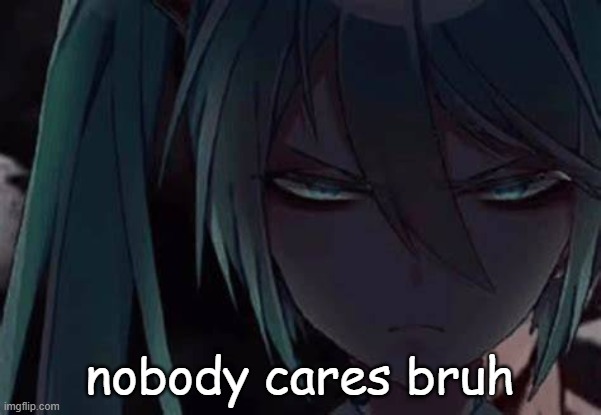 mad miku :3 | nobody cares bruh | image tagged in mad miku 3 | made w/ Imgflip meme maker