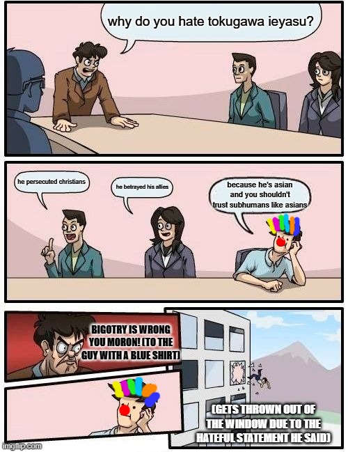 improved version as the bigot is depicted as a clown who also gets thrown out as it explicitly states | (GETS THROWN OUT OF THE WINDOW DUE TO THE HATEFUL STATEMENT HE SAID) | made w/ Imgflip meme maker