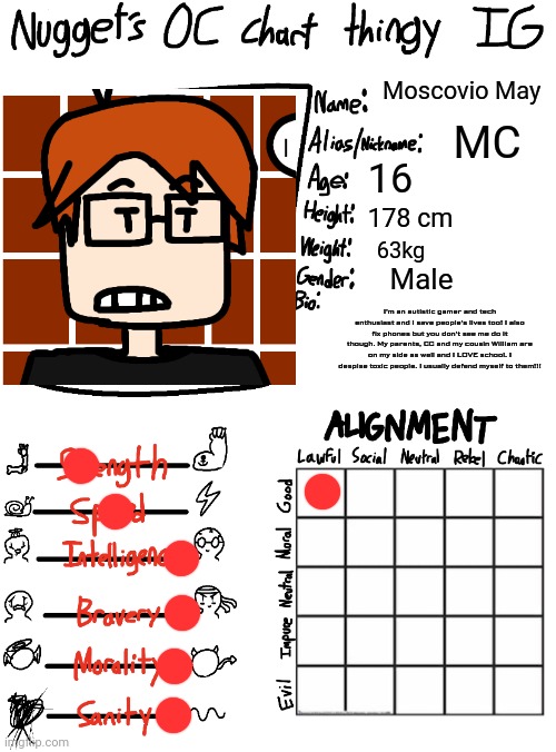 By using a temp, I've made the chart with MC | Moscovio May; MC; 16; 178 cm; 63kg; Male; I'm an autistic gamer and tech enthusiast and I save people's lives too! I also fix phones but you don't see me do it though. My parents, CC and my cousin William are on my side as well and I LOVE school. I despise toxic people. I usually defend myself to them!!! | image tagged in nugget s oc chart thingy ig,mc,moscovio may,oc chart | made w/ Imgflip meme maker