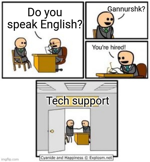 Affirmative Action | Gannurshk? Do you speak English? Tech support | image tagged in your hired,tech support,languages | made w/ Imgflip meme maker