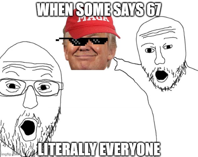 67 | WHEN SOME SAYS 67; LITERALLY EVERYONE | image tagged in soyjak pointing,67 | made w/ Imgflip meme maker