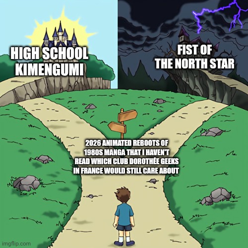 two castles | FIST OF THE NORTH STAR; HIGH SCHOOL KIMENGUMI; 2026 ANIMATED REBOOTS OF 1980S MANGA THAT I HAVEN'T READ WHICH CLUB DOROTHÉE GEEKS IN FRANCE WOULD STILL CARE ABOUT | image tagged in two castles,resurrection,french,fist of the north star,nostalgia | made w/ Imgflip meme maker