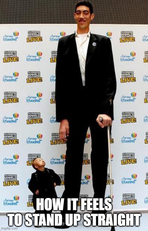 the tallest and shortest man in the world | HOW IT FEELS TO STAND UP STRAIGHT | image tagged in the tallest and shortest man in the world | made w/ Imgflip meme maker