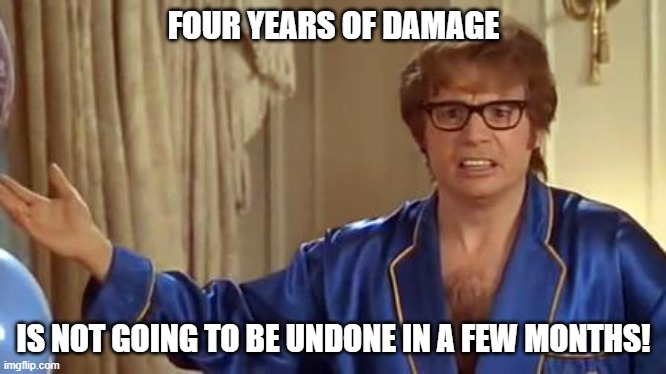 FOUR YEARS OF DAMAGE IS NOT GOING TO BE UNDONE IN A FEW MONTHS! | image tagged in memes,austin powers honestly | made w/ Imgflip meme maker