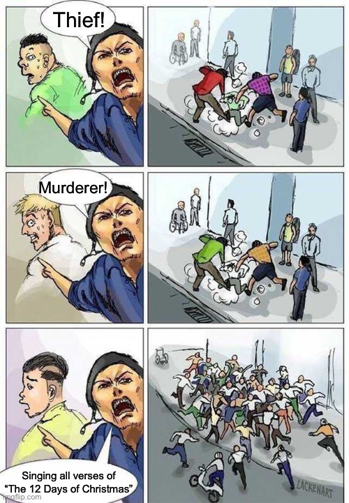 Thief Murderer | Thief! Murderer! Singing all verses of “The 12 Days of Christmas” | image tagged in thief murderer,12 days of christmas | made w/ Imgflip meme maker