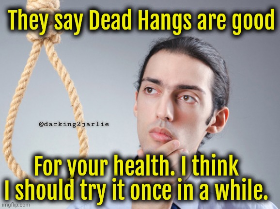 Try Dead Hang today! Your spine will thank me | They say Dead Hangs are good; @darking2jarlie; For your health. I think I should try it once in a while. | image tagged in noose,suicide,hanging out,hanging | made w/ Imgflip meme maker
