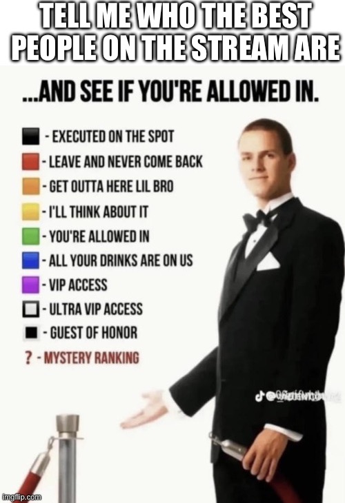 See if your allowed in. | TELL ME WHO THE BEST PEOPLE ON THE STREAM ARE | image tagged in see if your allowed in | made w/ Imgflip meme maker