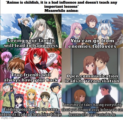 I saw a similar meme earlier this week and decided to make my own version using animes that are more... interesting | image tagged in yosuga no sora,redo of healer,high school dxd,overflow,my little sister can't be this cute,tatsuki fujimoto 17-26 | made w/ Imgflip meme maker