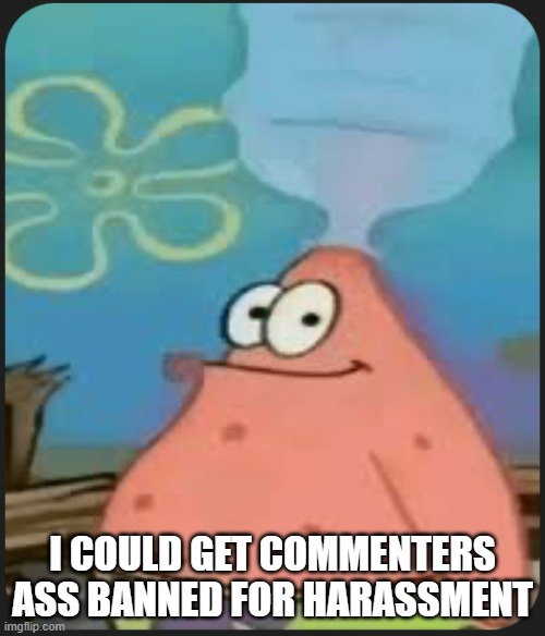 Patrick Star ‘Are We Deadass?’ | I COULD GET COMMENTERS ASS BANNED FOR HARASSMENT | image tagged in patrick star are we deadass | made w/ Imgflip meme maker